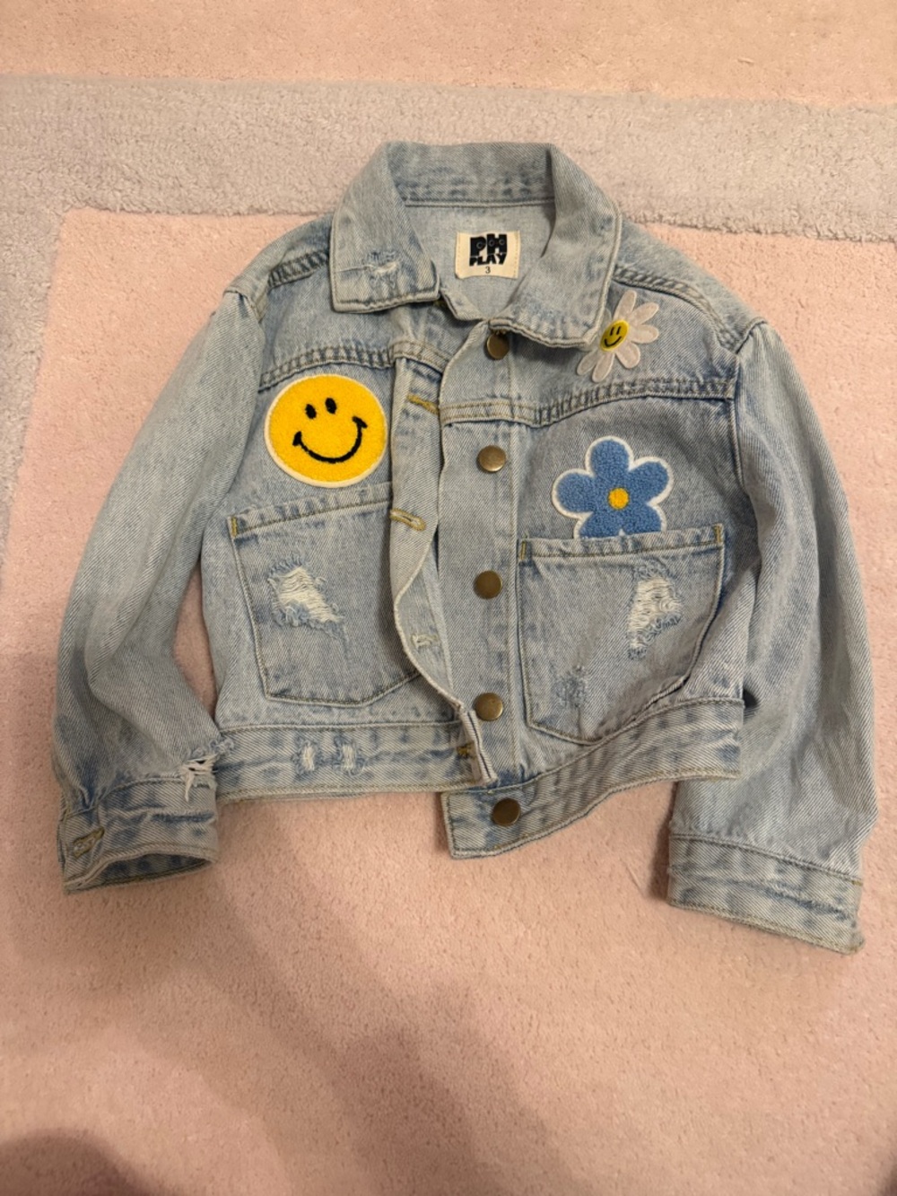 Kids Light Wash Denim Jacket with Yellow Smile & Blue Flower Patches
